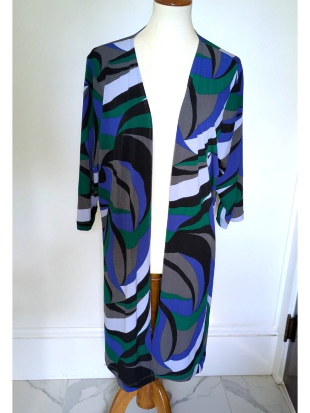 Carolyn Strauss Slinky Knit Cardigan Duster Size 1X Boho Retro Print Green Blue